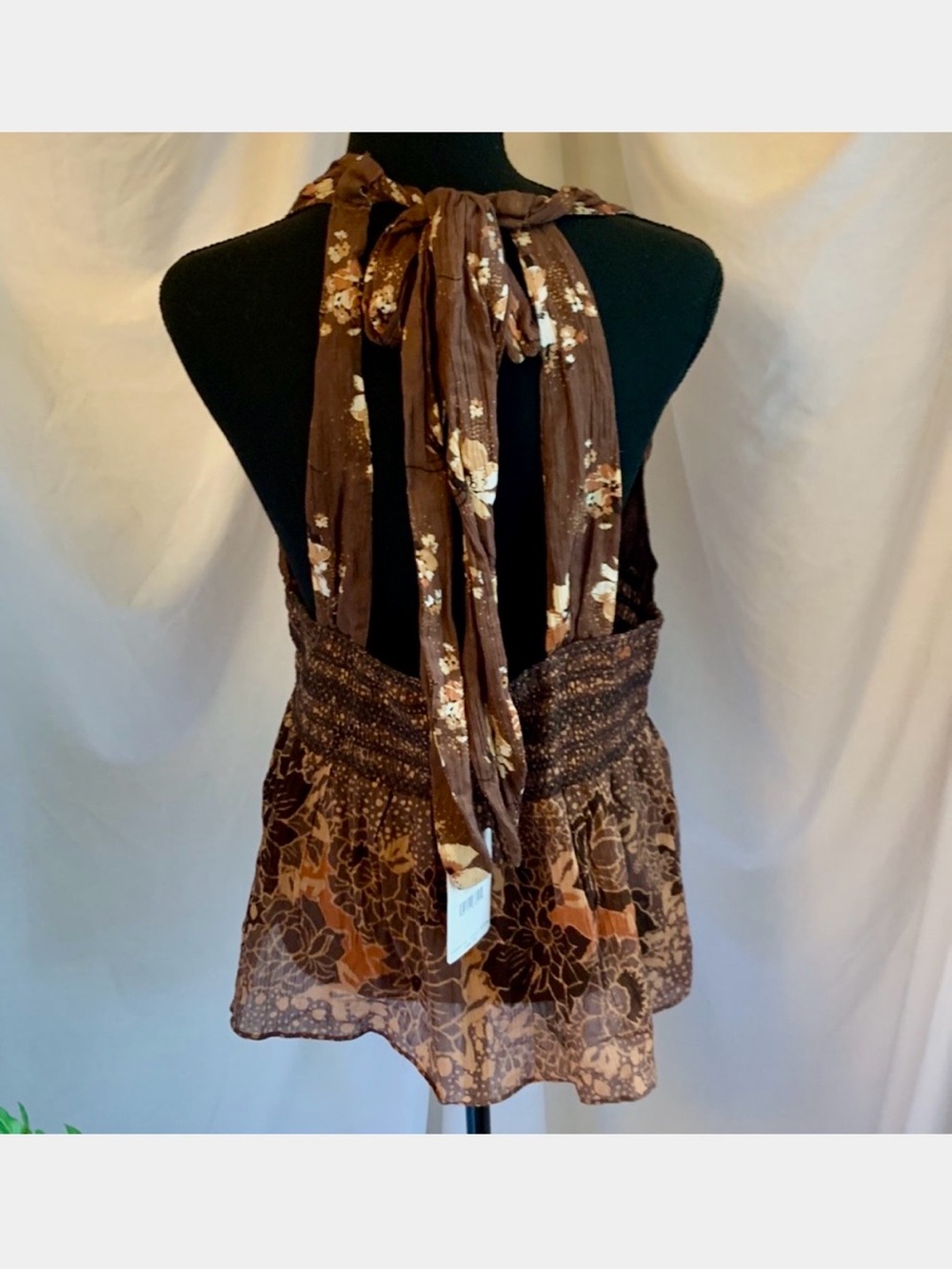 NWT, Free People Cocoa Combo Floral, Smocked Peplum Halter - Picture 2 of 5